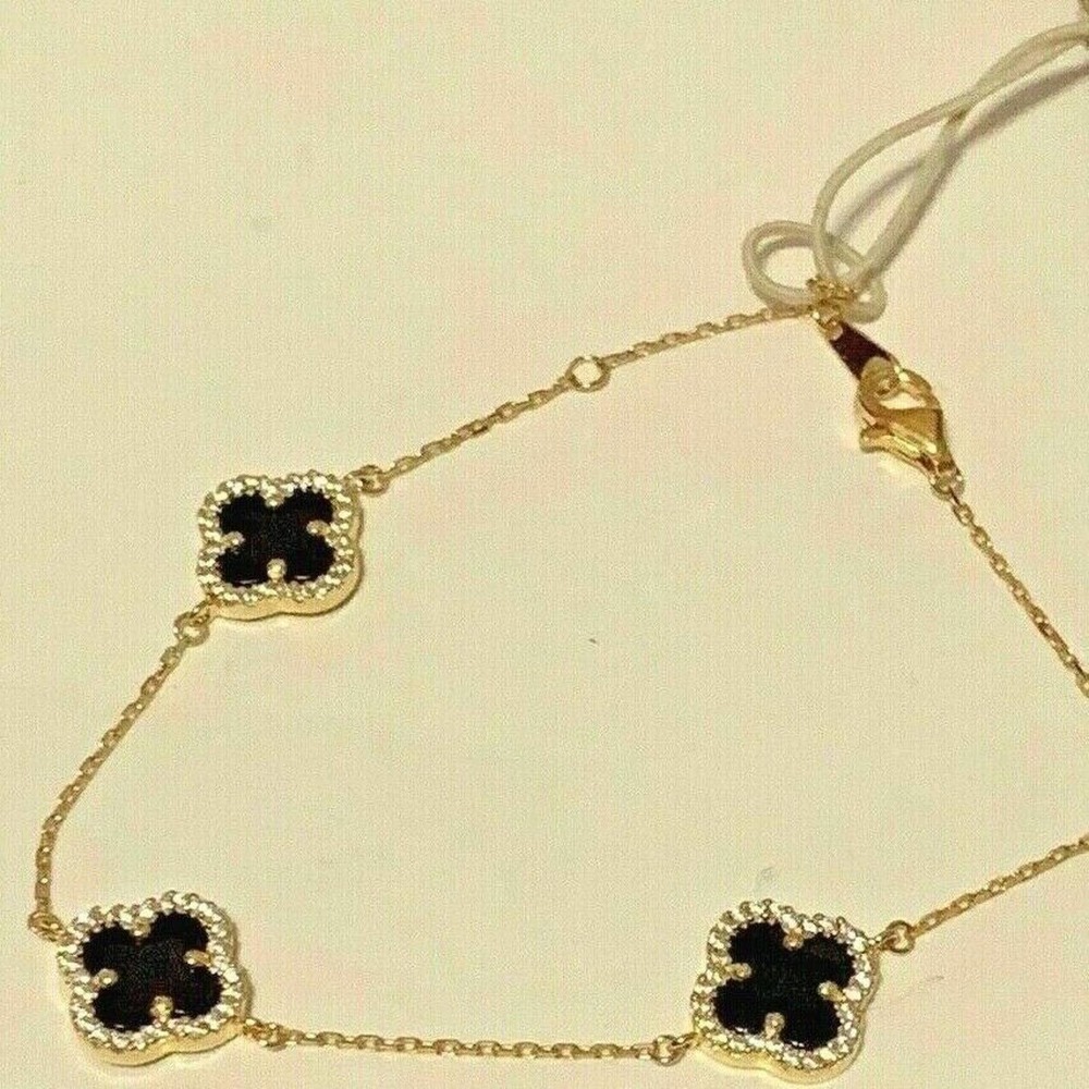 Rachel Zoe Black Clover 18K Gold Plated Sterling Silver Bracelet Brand N…
